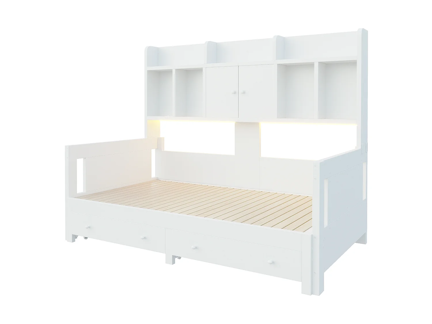 Multifunktionales ausziehbares Schlafsofa aus Holz 90x190cm - mit 2 Schubladen - mit Trennwänden - mit Steckdose - mit LED-Licht - weiß (Matratze nicht enthalten)