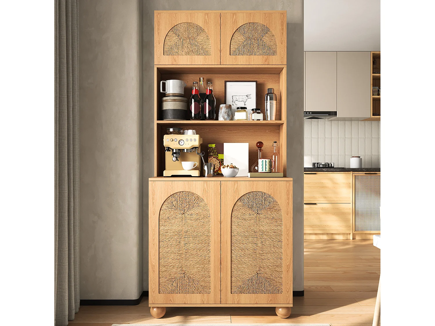 Hohes Sideboard 80 × 40 × 180 cm - 4 geflochtene Türen - Spanplatten und MDF - Kiefernholzbeine - Natur