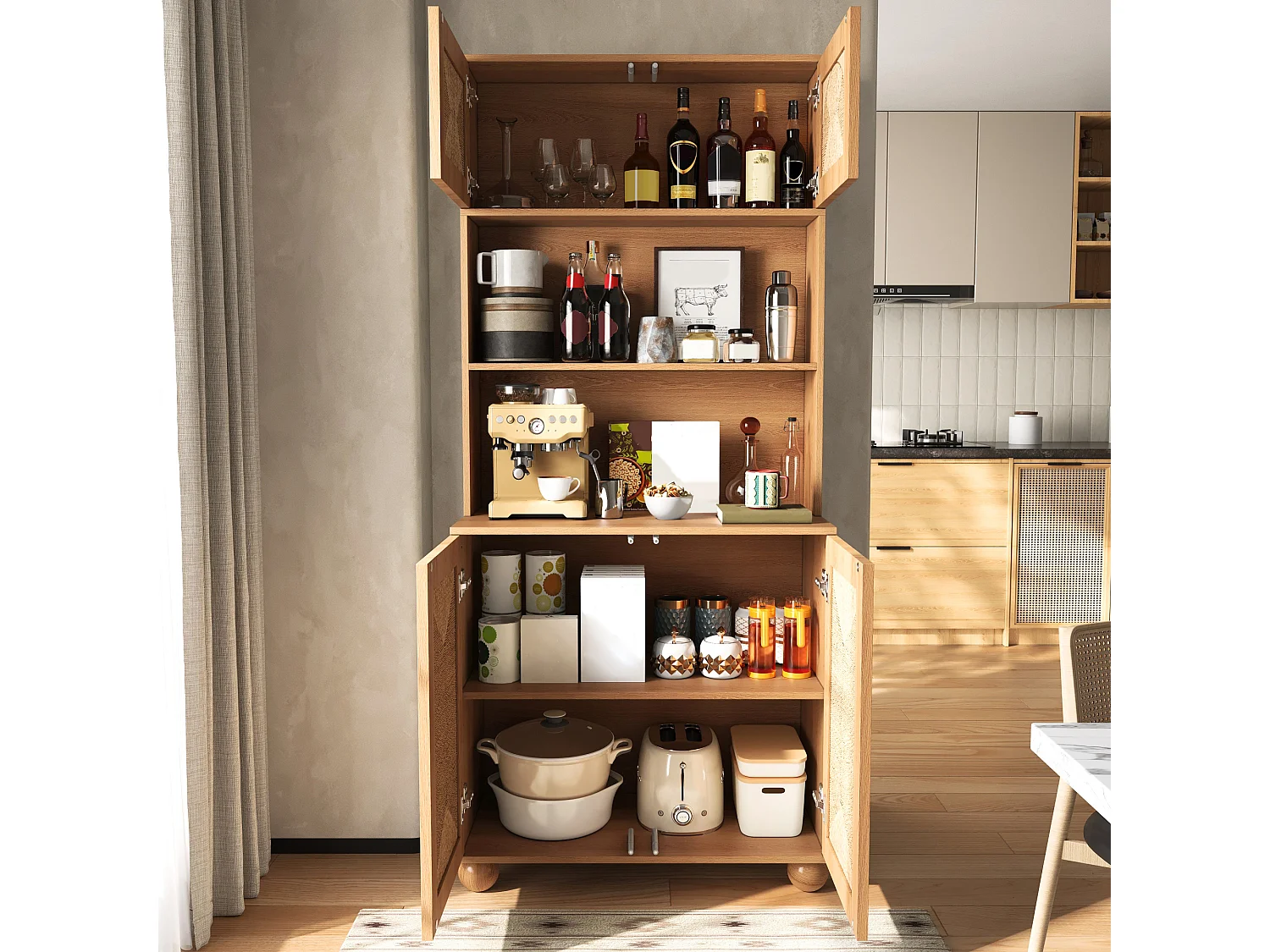 Hohes Sideboard 80 × 40 × 180 cm - 4 geflochtene Türen - Spanplatten und MDF - Kiefernholzbeine - Natur