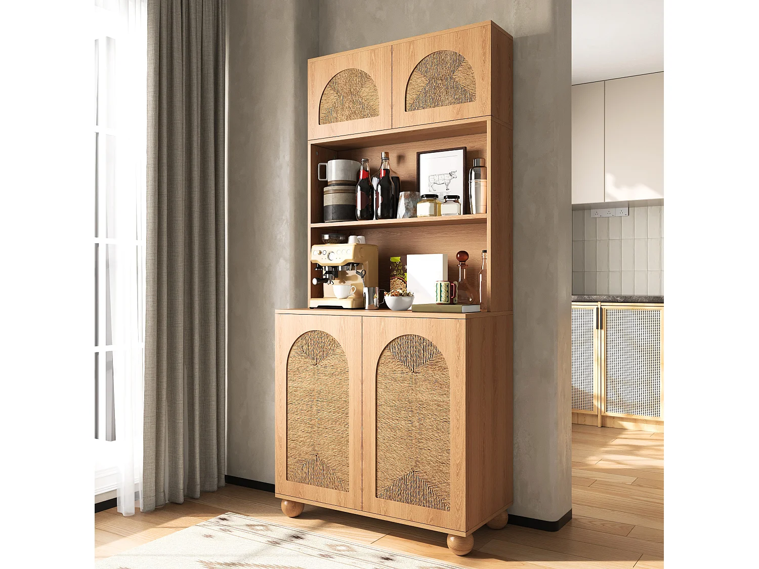 Hohes Sideboard 80 × 40 × 180 cm - 4 geflochtene Türen - Spanplatten und MDF - Kiefernholzbeine - Natur