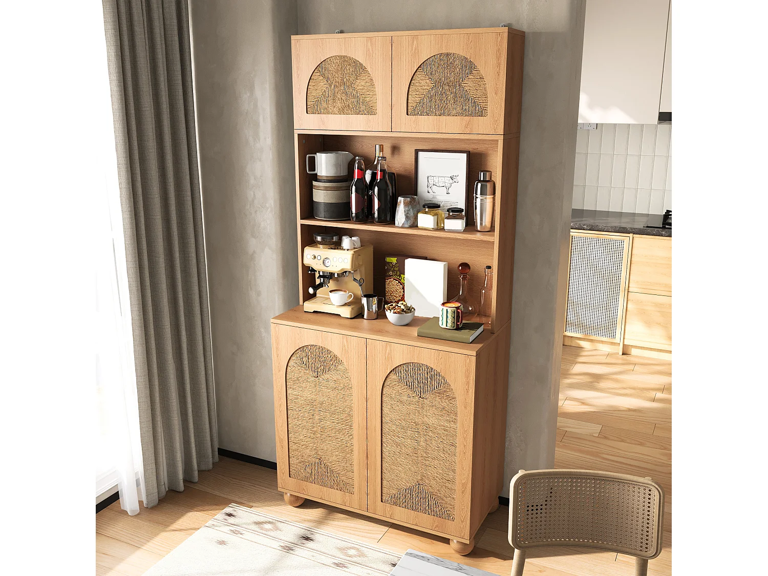Hohes Sideboard 80 × 40 × 180 cm - 4 geflochtene Türen - Spanplatten und MDF - Kiefernholzbeine - Natur