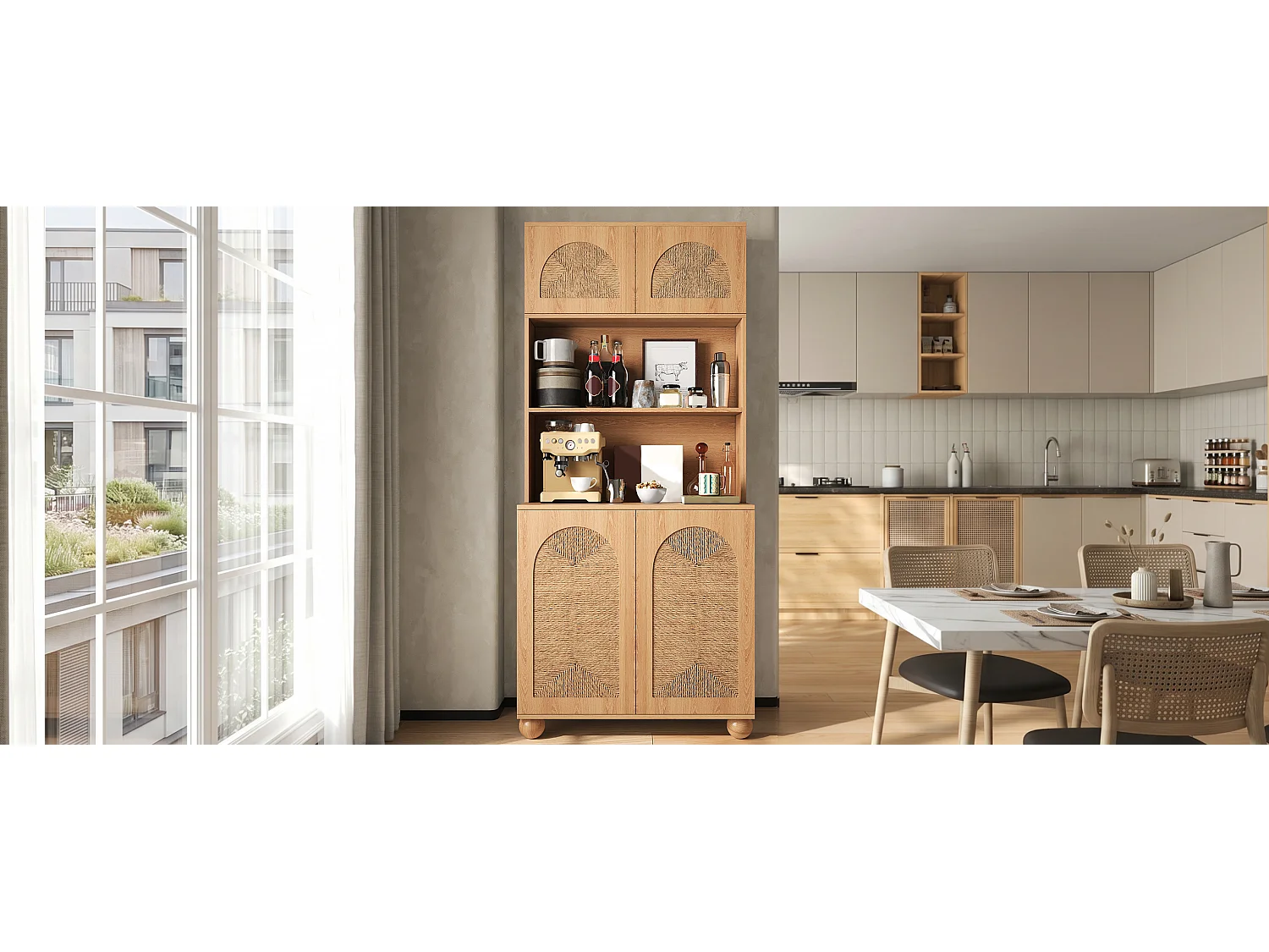 Hohes Sideboard 80 × 40 × 180 cm - 4 geflochtene Türen - Spanplatten und MDF - Kiefernholzbeine - Natur