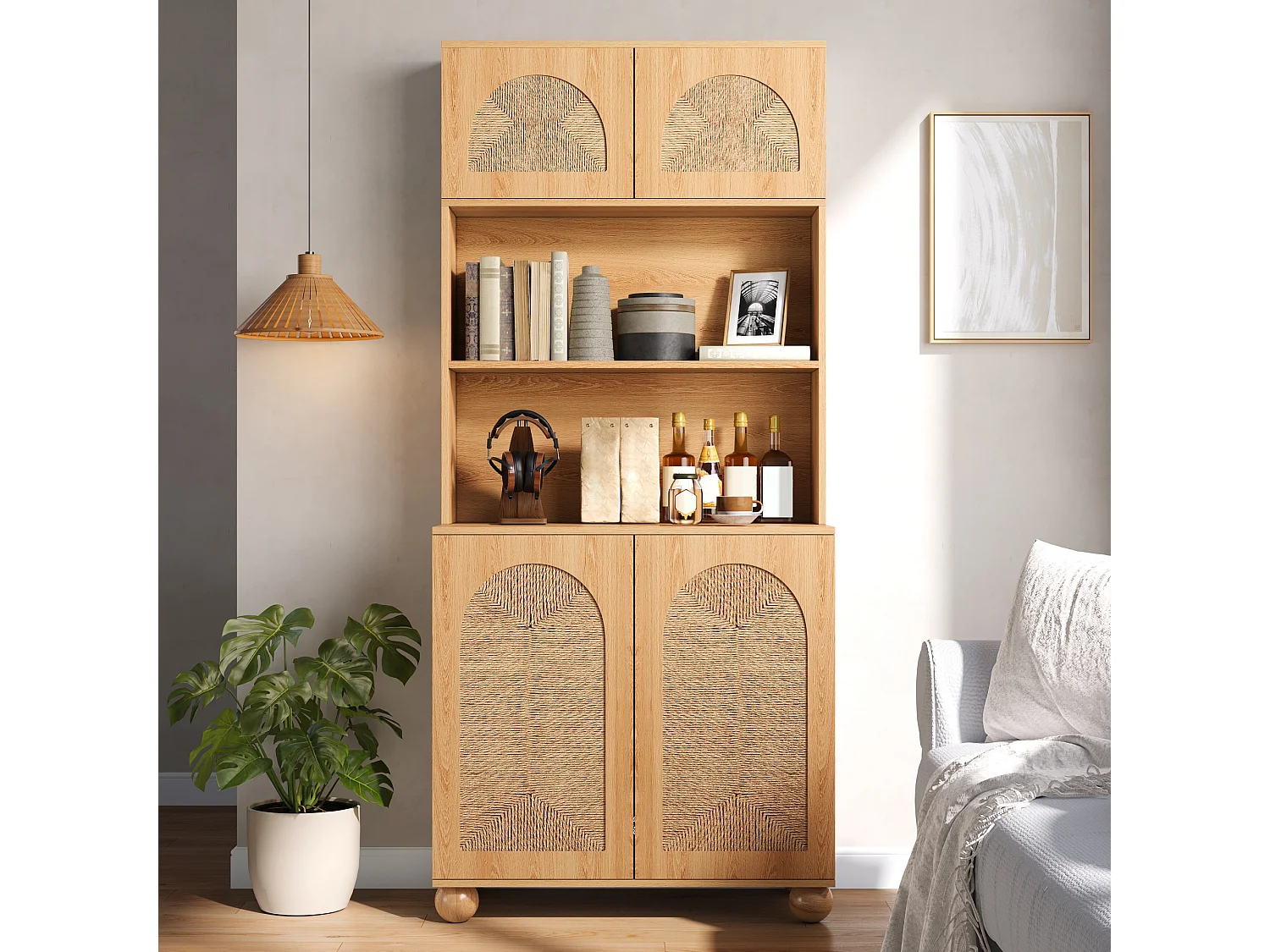 Hohes Sideboard 80 × 40 × 180 cm - 4 geflochtene Türen - Spanplatten und MDF - Kiefernholzbeine - Natur