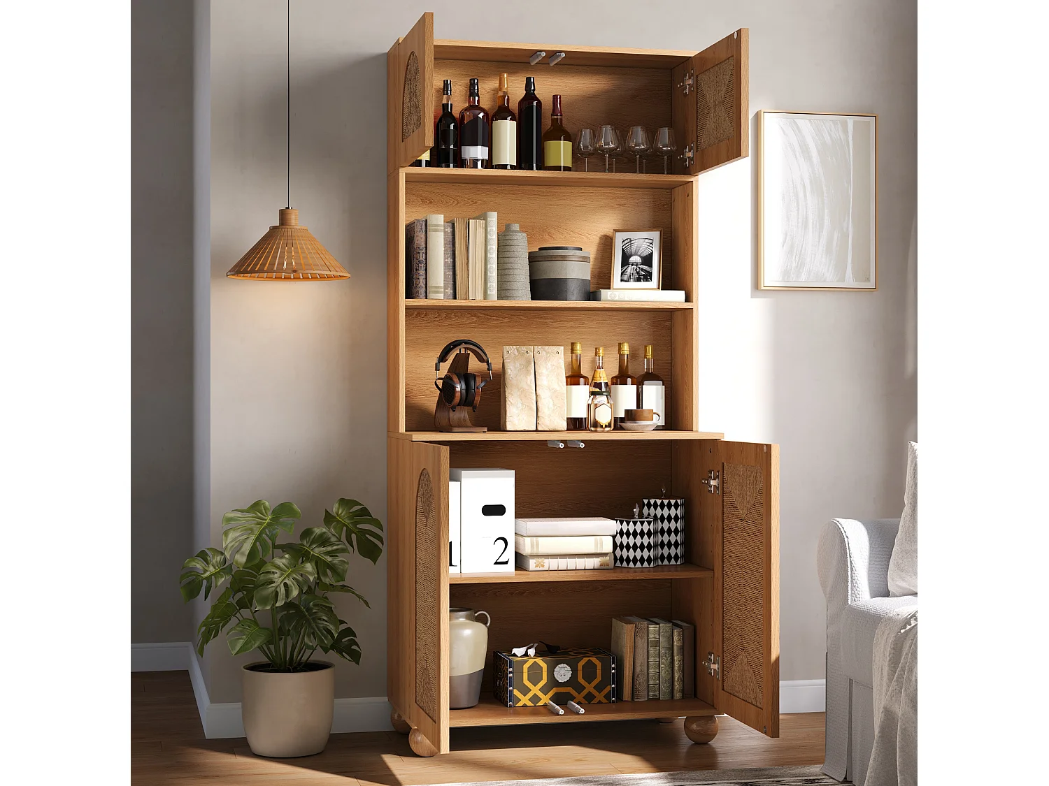 Hohes Sideboard 80 × 40 × 180 cm - 4 geflochtene Türen - Spanplatten und MDF - Kiefernholzbeine - Natur