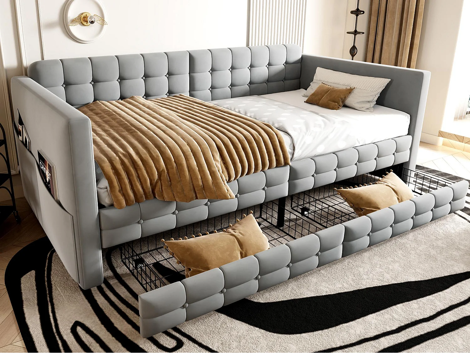 Gepolstertes Schlafsofa 90x190cm - mit Staufächern - mit 2 Schubladen - Samtstoff - grau (Matratze nicht enthalten)