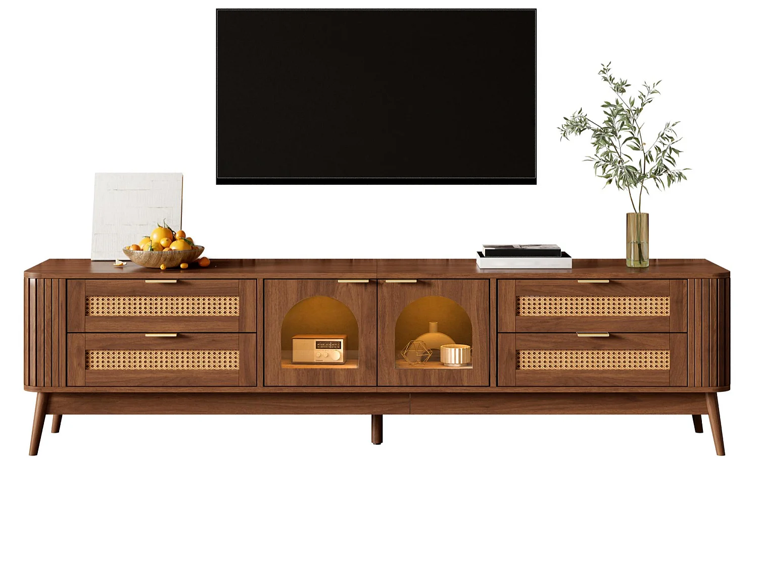 Moderner TV-Schrank 180x40x50 cm - 4 Schubladen und 2 Glastüren - LED-Beleuchtung - Spanplatten - Braun
