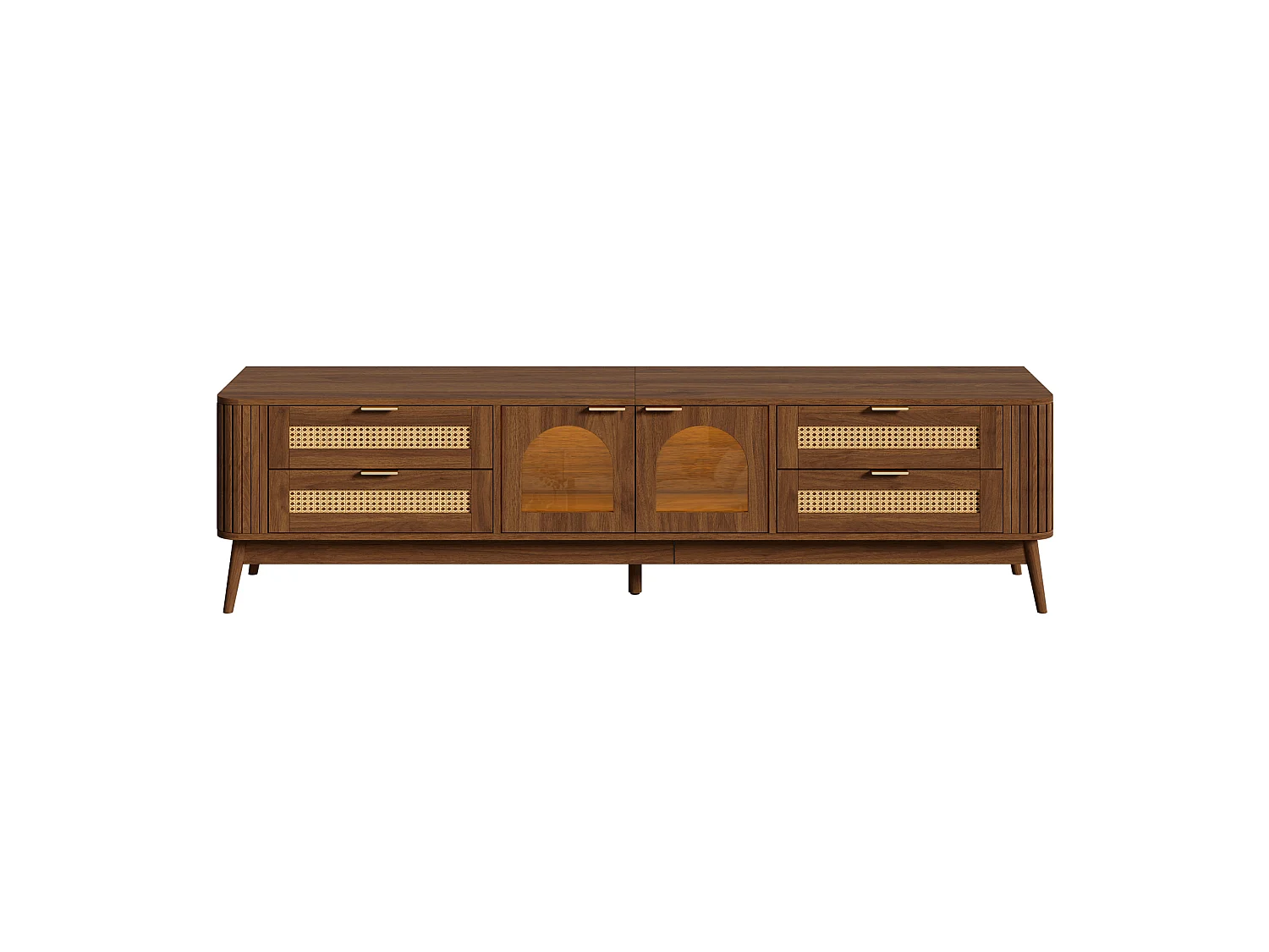 Moderner TV-Schrank 180x40x50 cm - 4 Schubladen und 2 Glastüren - LED-Beleuchtung - Spanplatten - Braun