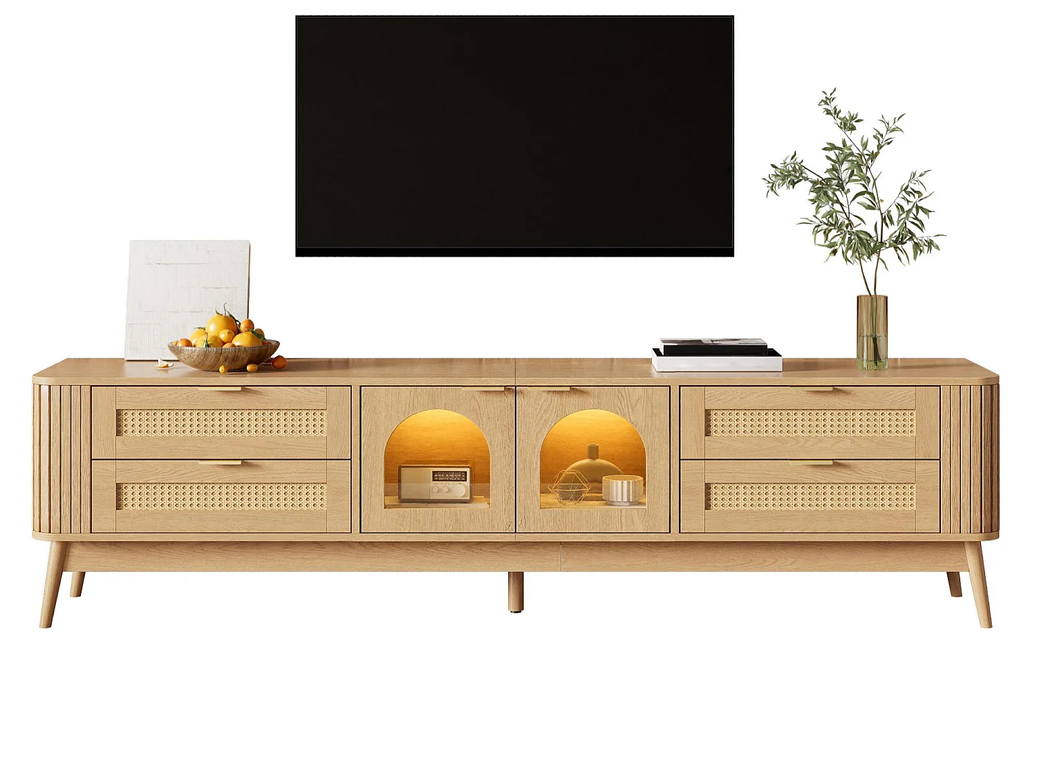 Moderner TV-Schrank 180x40x50 cm - 4 Schubladen und 2 Glastüren - LED-Beleuchtung - Spanplatten - Natur