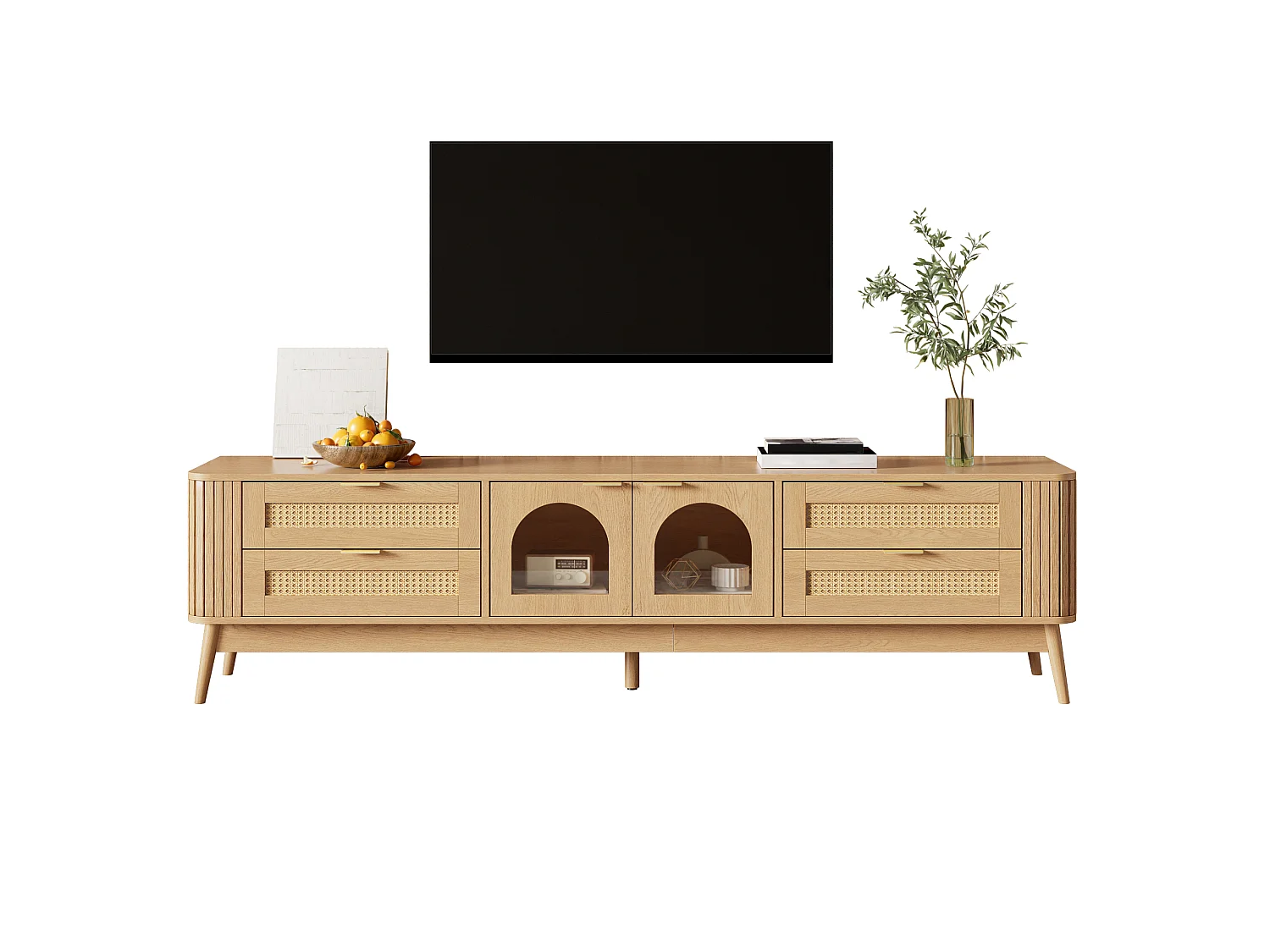 Moderner TV-Schrank 180x40x50 cm - 4 Schubladen und 2 Glastüren - LED-Beleuchtung - Spanplatten - Natur