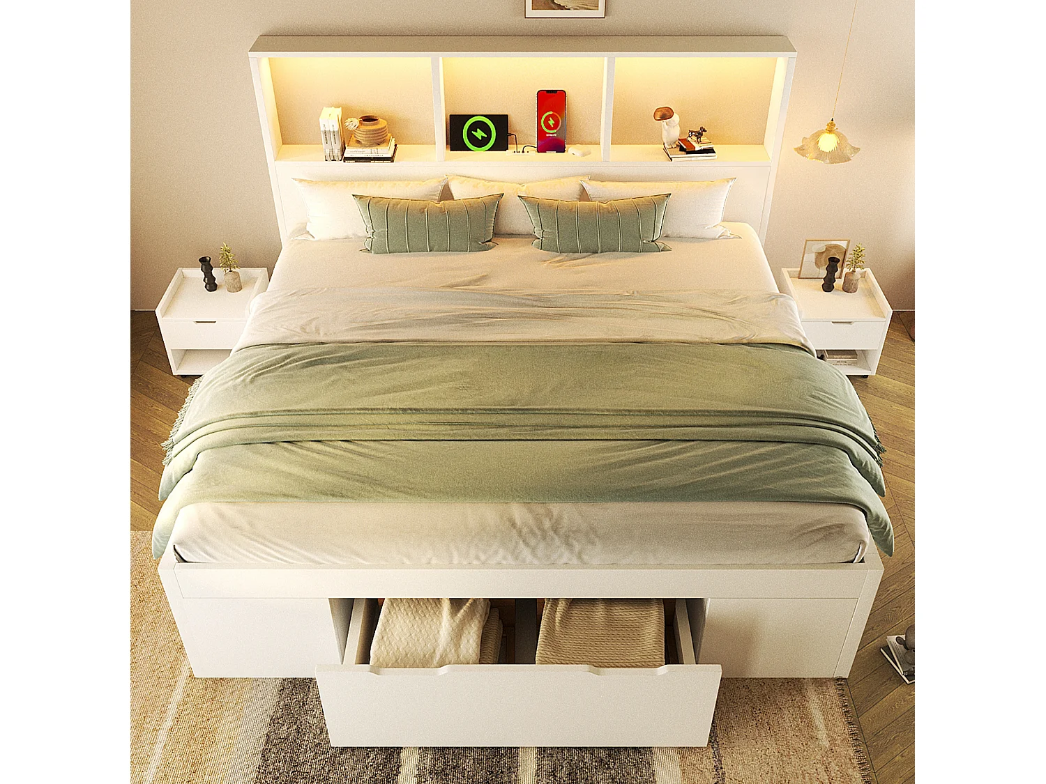 Lit double 140x200cm - avec éclairage LED et USB-C - avec espace de rangement et 2 tables de chevet mobiles - Blanc (matelas non inclus)