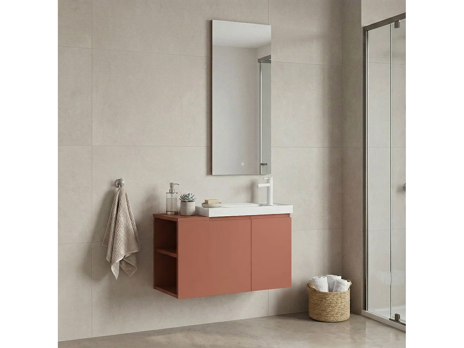 Ensemble Meuble Vasque avec Miroir (2 Pièces) "Ferla 80" - 80 x 22 x 45 cm - Matte Cinnamon