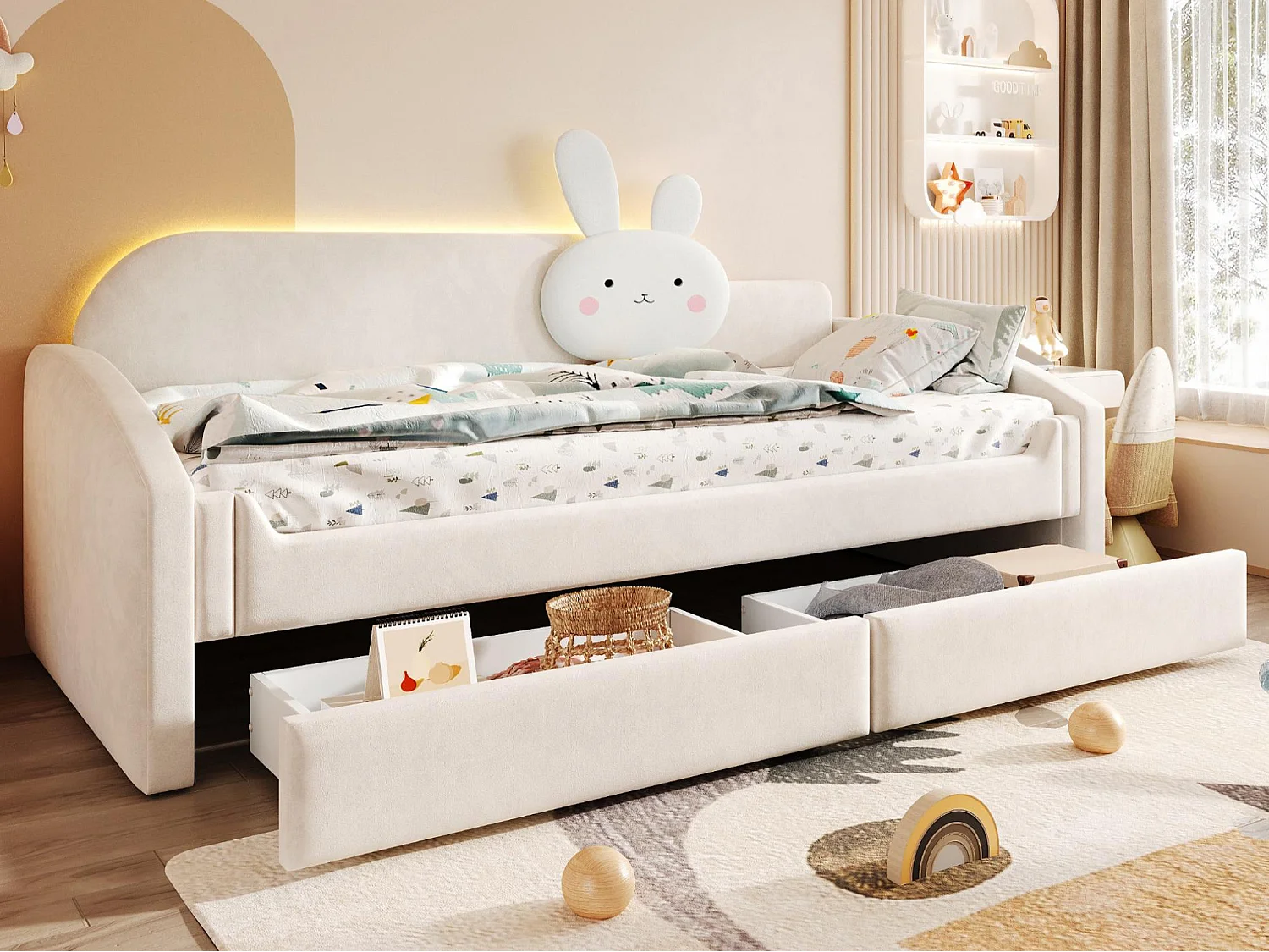 Children's sofa bed 90 x 200 cm - with LED light - velvet fabric - beige (mattress not included)