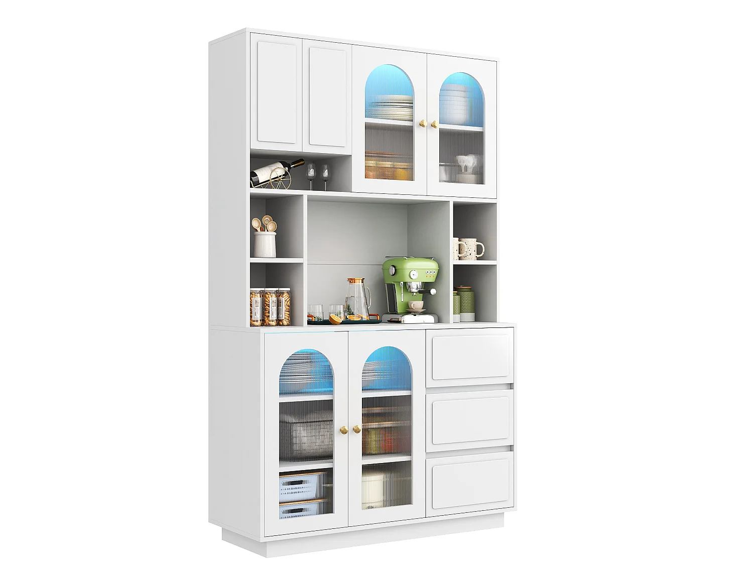 Hoge kast 106 × 30 × 175 cm - Keukenkast met acryldeuren - LED - 5 deuren en 3 laden - MDF - Wit