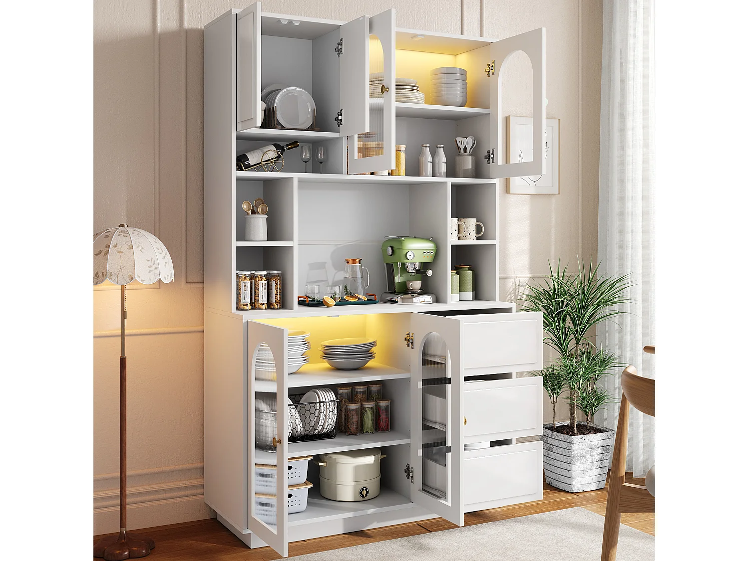 Hoge kast 106 × 30 × 175 cm - Keukenkast met acryldeuren - LED - 5 deuren en 3 laden - MDF - Wit