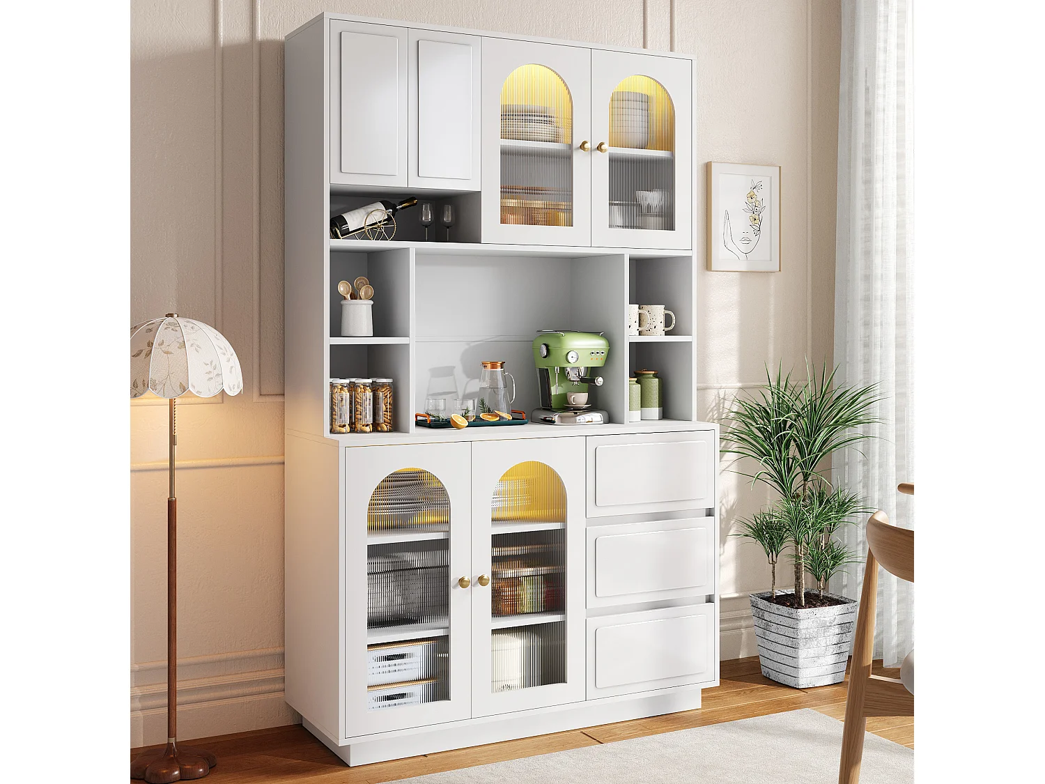 Hoge kast 106 × 30 × 175 cm - Keukenkast met acryldeuren - LED - 5 deuren en 3 laden - MDF - Wit