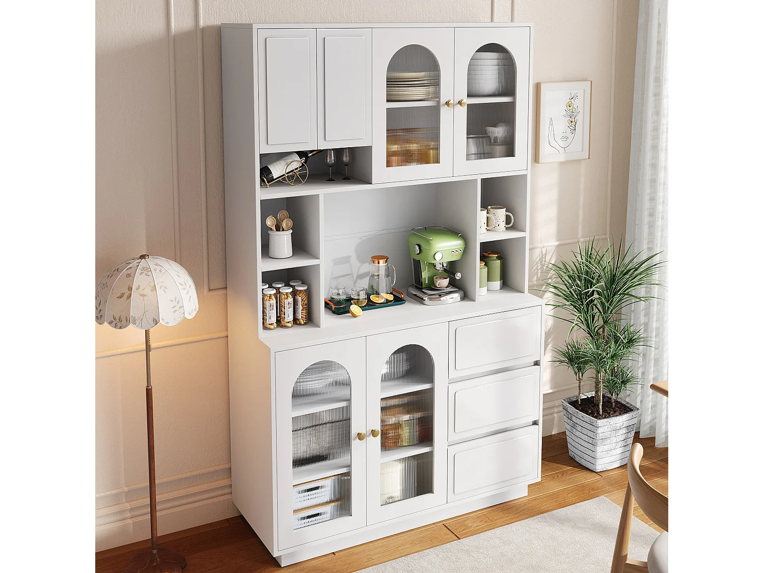 Hoge kast 106 × 30 × 175 cm - Keukenkast met acryldeuren - LED - 5 deuren en 3 laden - MDF - Wit
