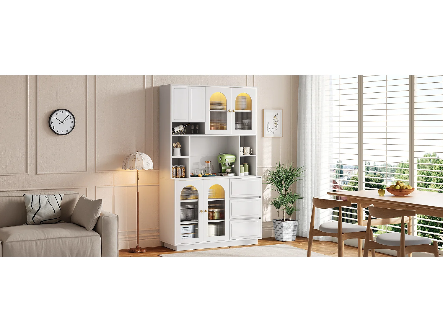 Hoge kast 106 × 30 × 175 cm - Keukenkast met acryldeuren - LED - 5 deuren en 3 laden - MDF - Wit