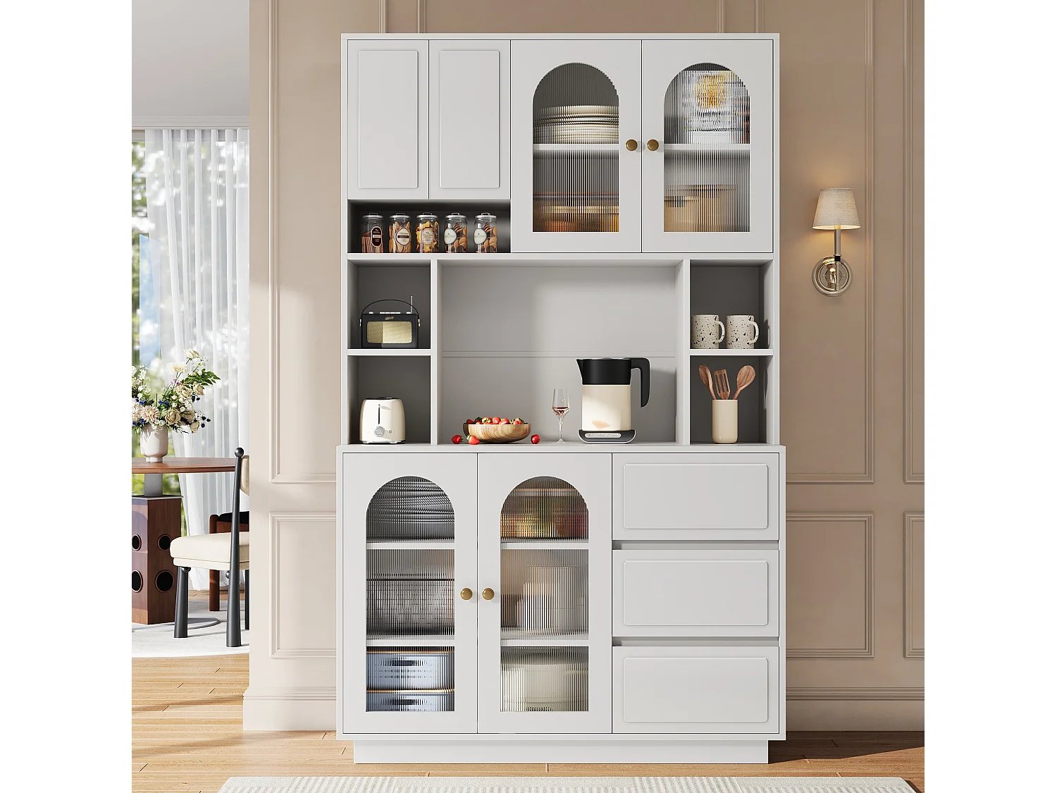 Hoge kast 106 × 30 × 175 cm - Keukenkast met acryldeuren - LED - 5 deuren en 3 laden - MDF - Wit