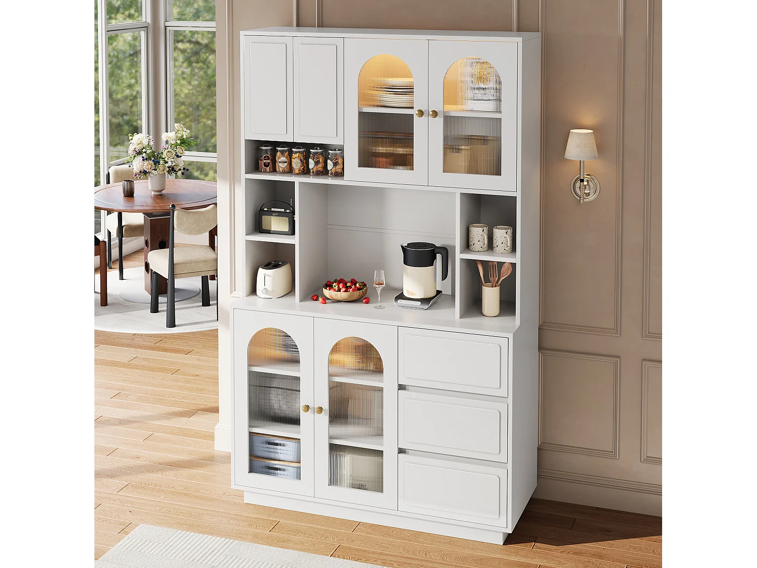 Hoge kast 106 × 30 × 175 cm - Keukenkast met acryldeuren - LED - 5 deuren en 3 laden - MDF - Wit