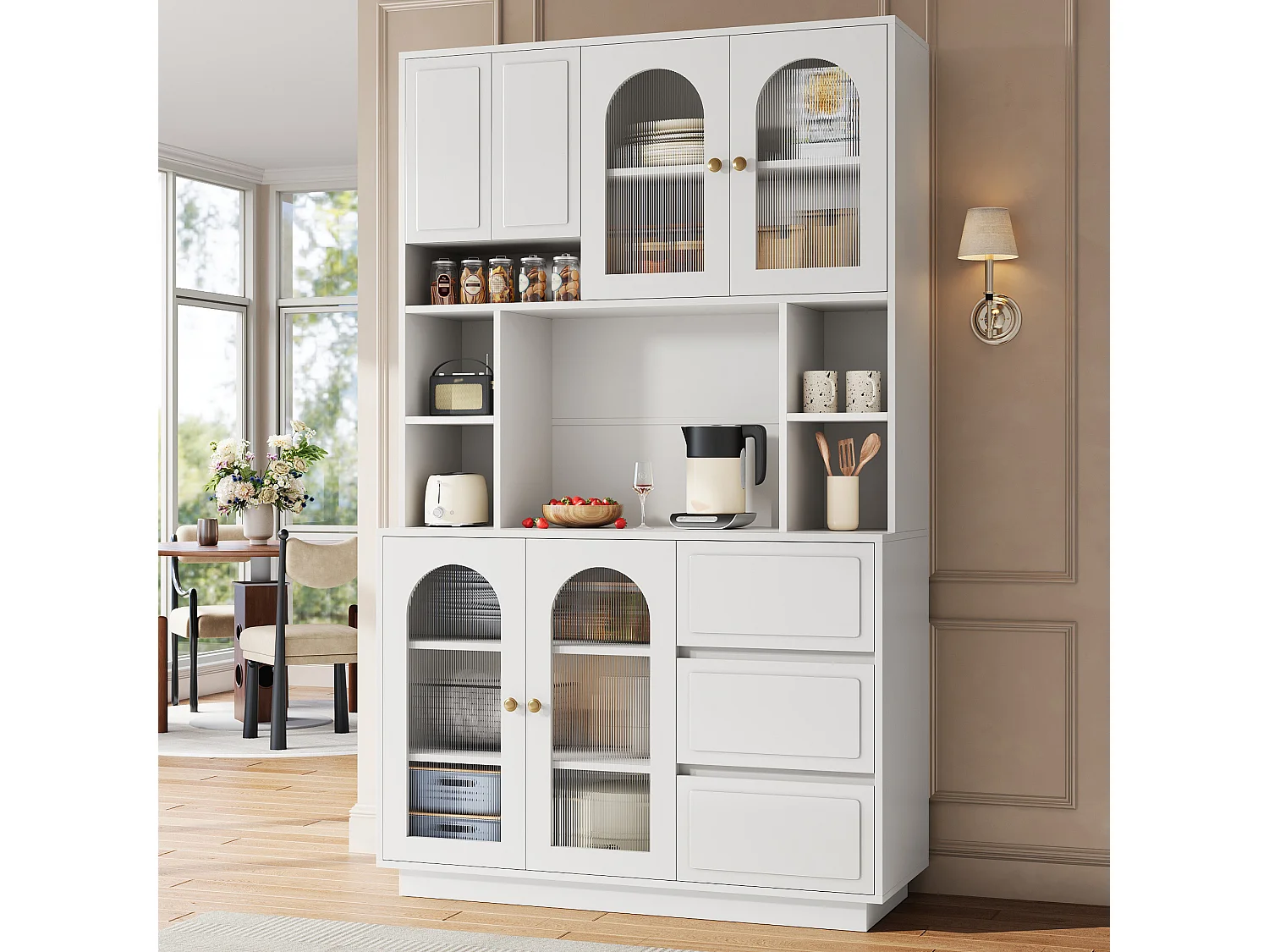 Hoge kast 106 × 30 × 175 cm - Keukenkast met acryldeuren - LED - 5 deuren en 3 laden - MDF - Wit