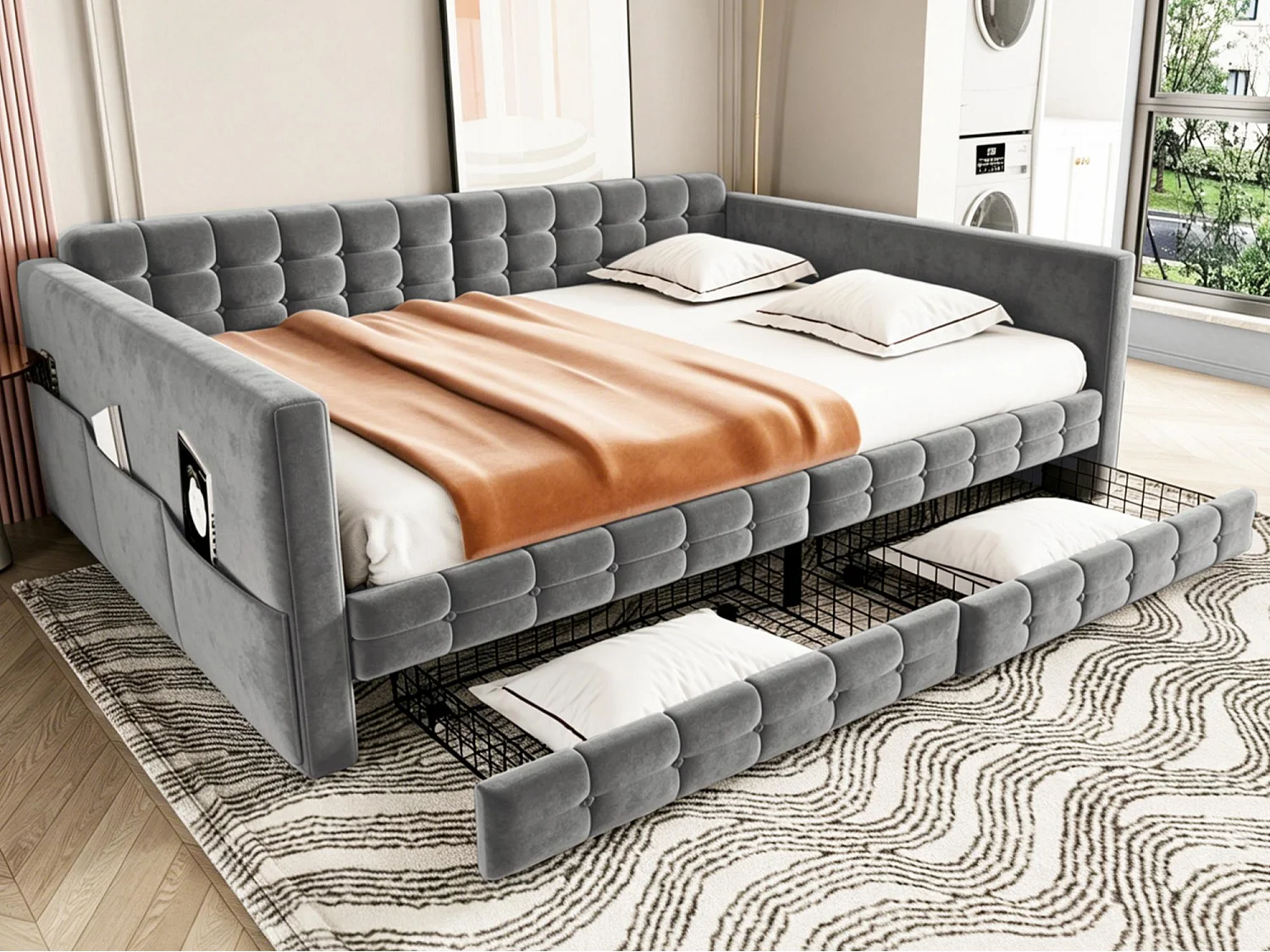 Gepolstertes Schlafsofa 140x190cm - mit Staufächern - mit 2 Schubladen - Samtstoff - grau (Matratze nicht enthalten)