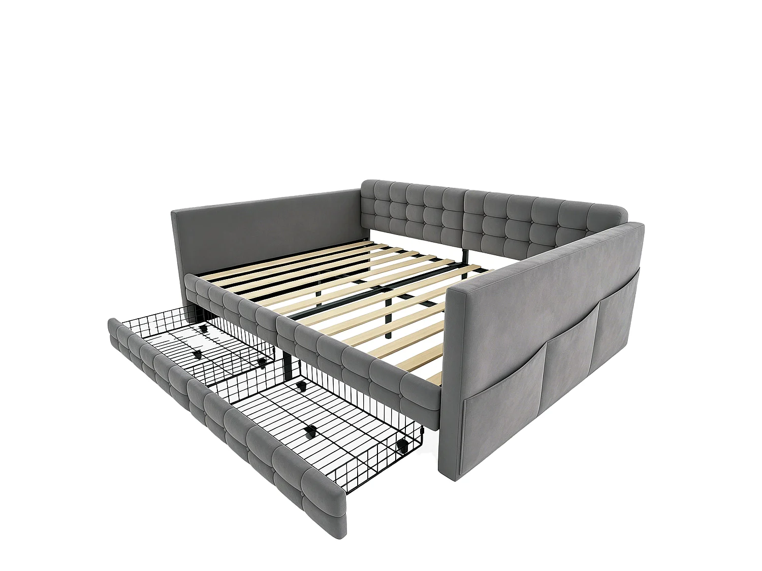 Gepolstertes Schlafsofa 140x190cm - mit Staufächern - mit 2 Schubladen - Samtstoff - grau (Matratze nicht enthalten)