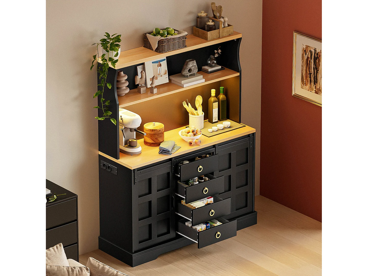 Buffet de cuisine 120x40x150cm - avec 2 portes et 4 tiroirs - avec éclairage LED - avec prise de courant - Noir