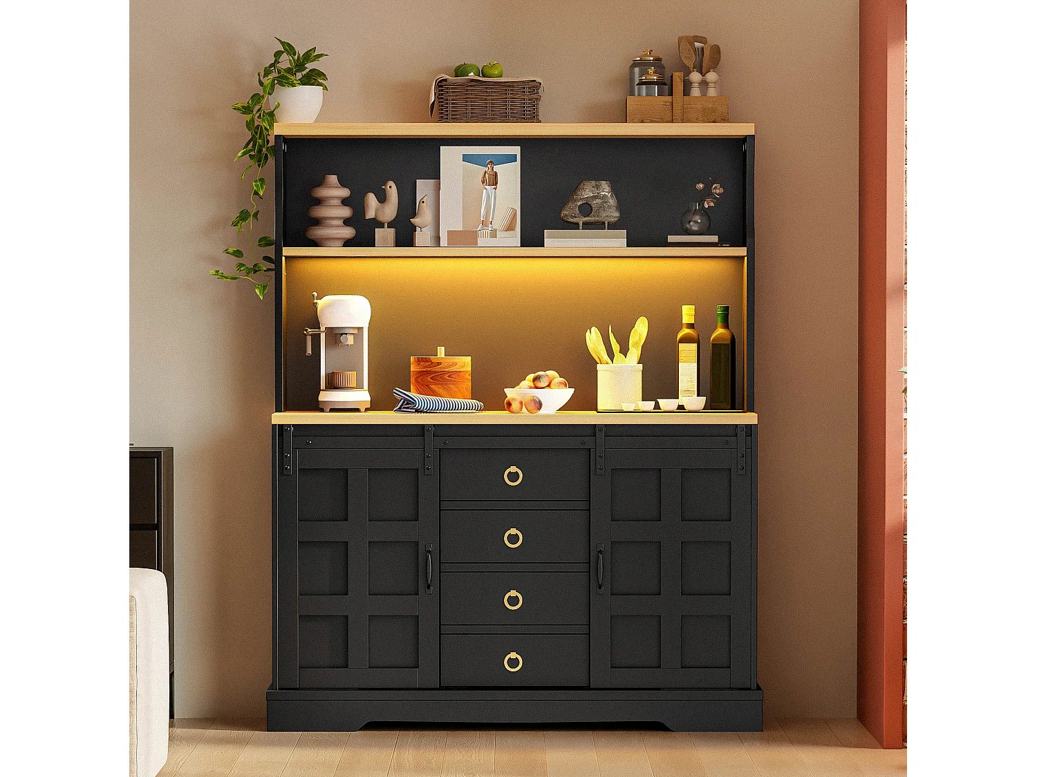 Buffet de cuisine 120x40x150cm - avec 2 portes et 4 tiroirs - avec éclairage LED - avec prise de courant - Noir