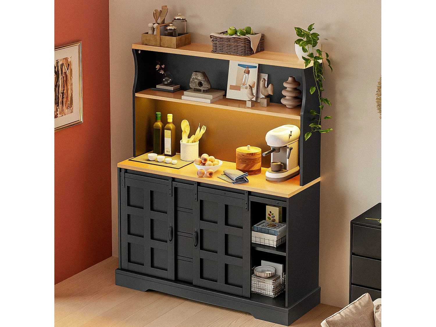 Buffet de cuisine 120x40x150cm - avec 2 portes et 4 tiroirs - avec éclairage LED - avec prise de courant - Noir
