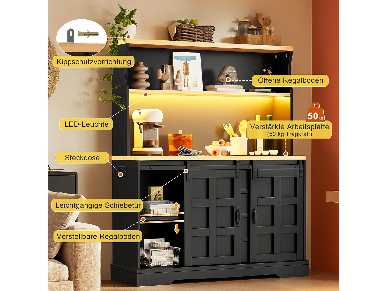 Buffet de cuisine 120x40x150cm - avec 2 portes et 4 tiroirs - avec éclairage LED - avec prise de courant - Noir