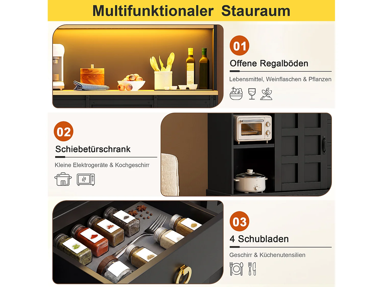 Buffet de cuisine 120x40x150cm - avec 2 portes et 4 tiroirs - avec éclairage LED - avec prise de courant - Noir