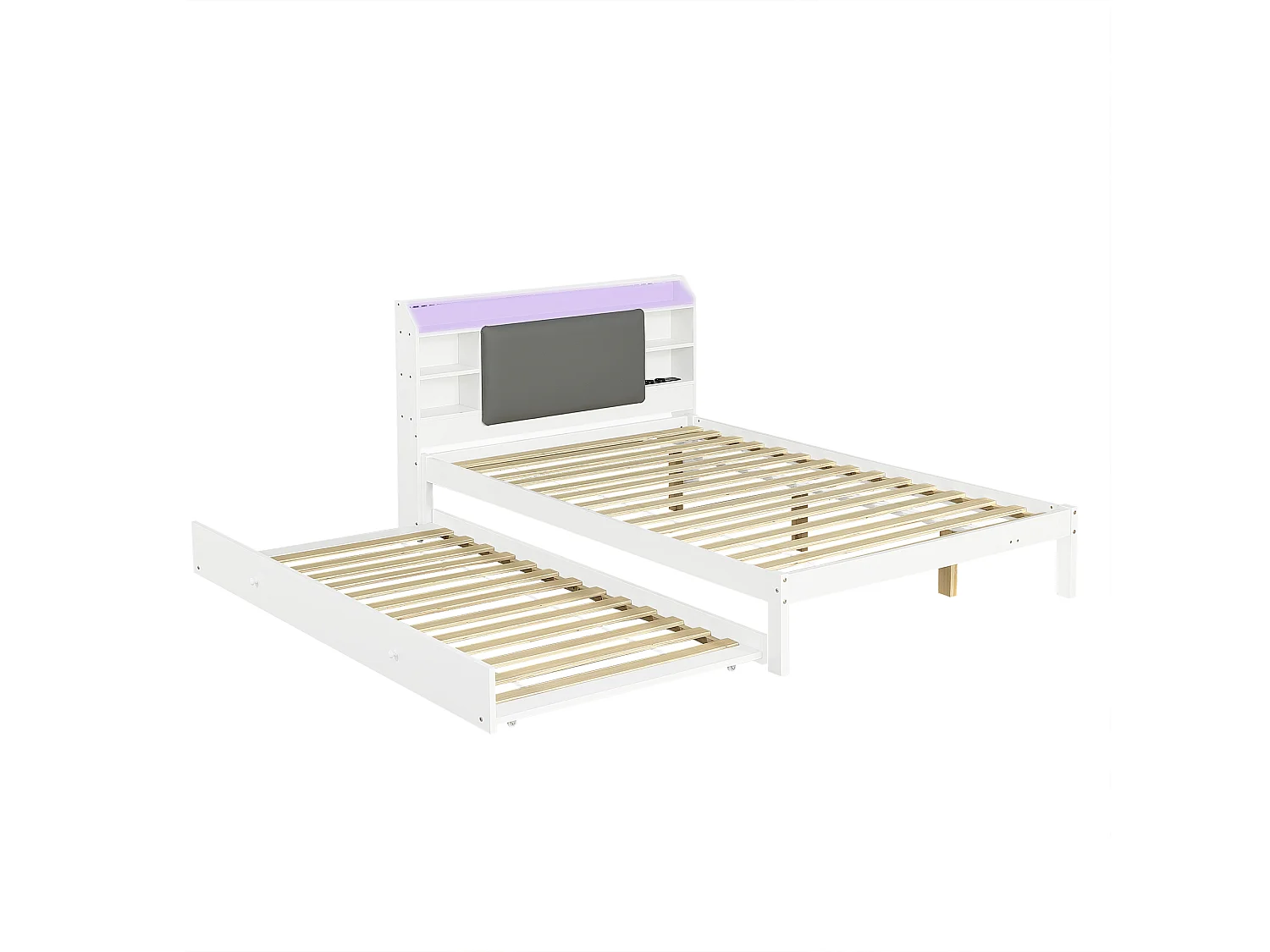 Træseng 120x200cm - med udtræksseng 90x190cm - polstret sengegavl - med LED-lysbånd - med integreret ladestation - hvid (uden madras)