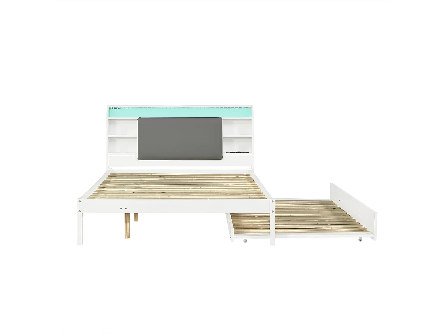 Træseng 120x200cm - med udtræksseng 90x190cm - polstret sengegavl - med LED-lysbånd - med integreret ladestation - hvid (uden madras)
