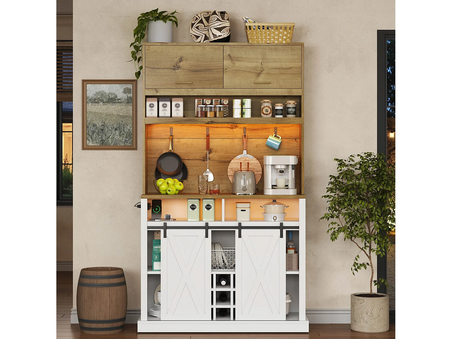 Keukenkast 105,8 × 40 × 191 cm - 2 schuifdeuren - met LED-verlichting - met stopcontact en wijnrek - Wit + Naturel