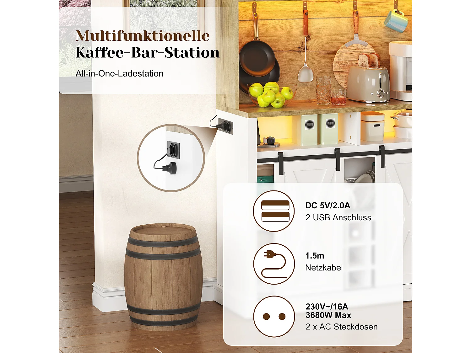 Keukenkast 105,8 × 40 × 191 cm - 2 schuifdeuren - met LED-verlichting - met stopcontact en wijnrek - Wit + Naturel