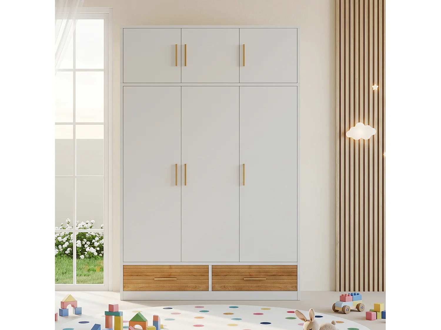 Bedroom wardrobe 120 x 50 x 180 cm - 3 doors and 2 drawers - With hanging rod and shelves - MDF - White