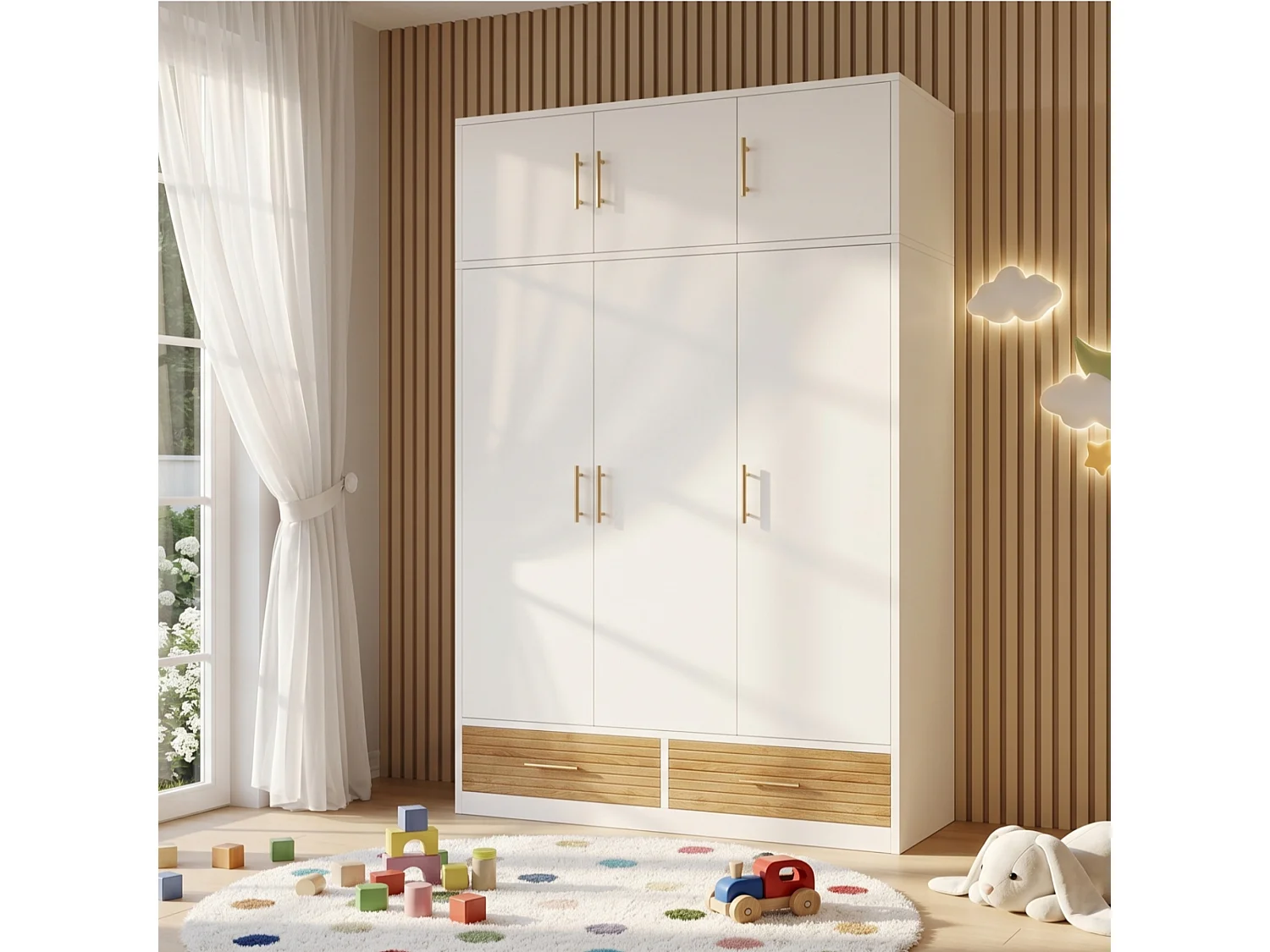 Bedroom wardrobe 120 x 50 x 180 cm - 3 doors and 2 drawers - With hanging rod and shelves - MDF - White