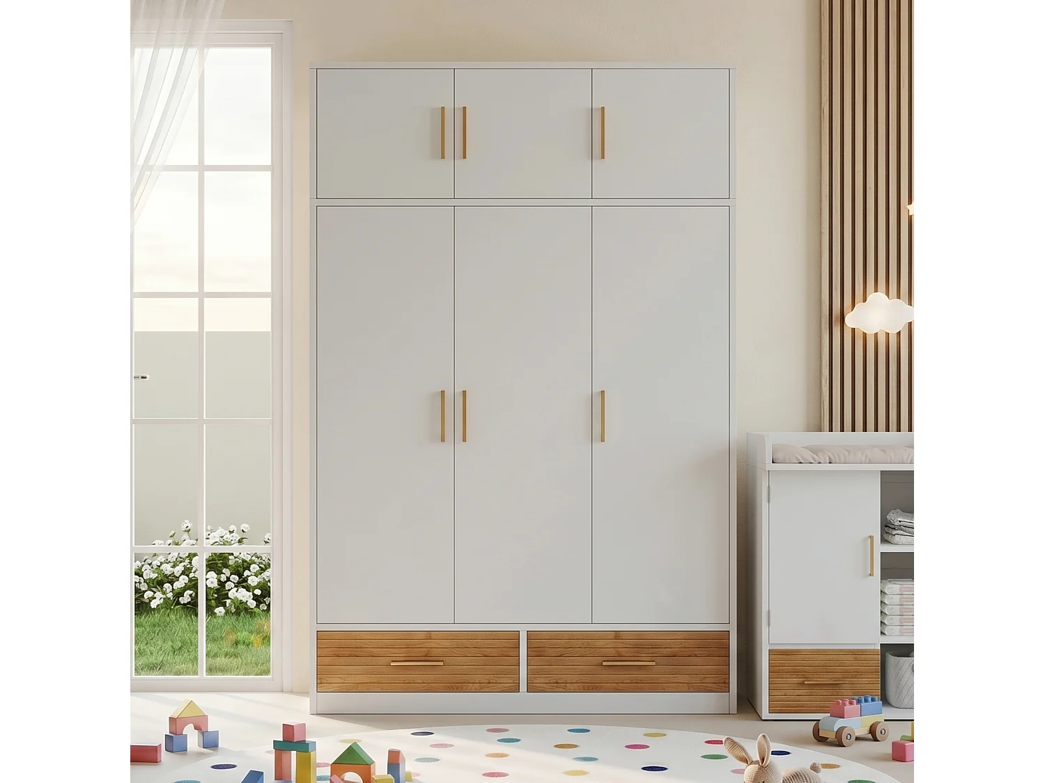Bedroom wardrobe 120 x 50 x 180 cm - 3 doors and 2 drawers - With hanging rod and shelves - MDF - White