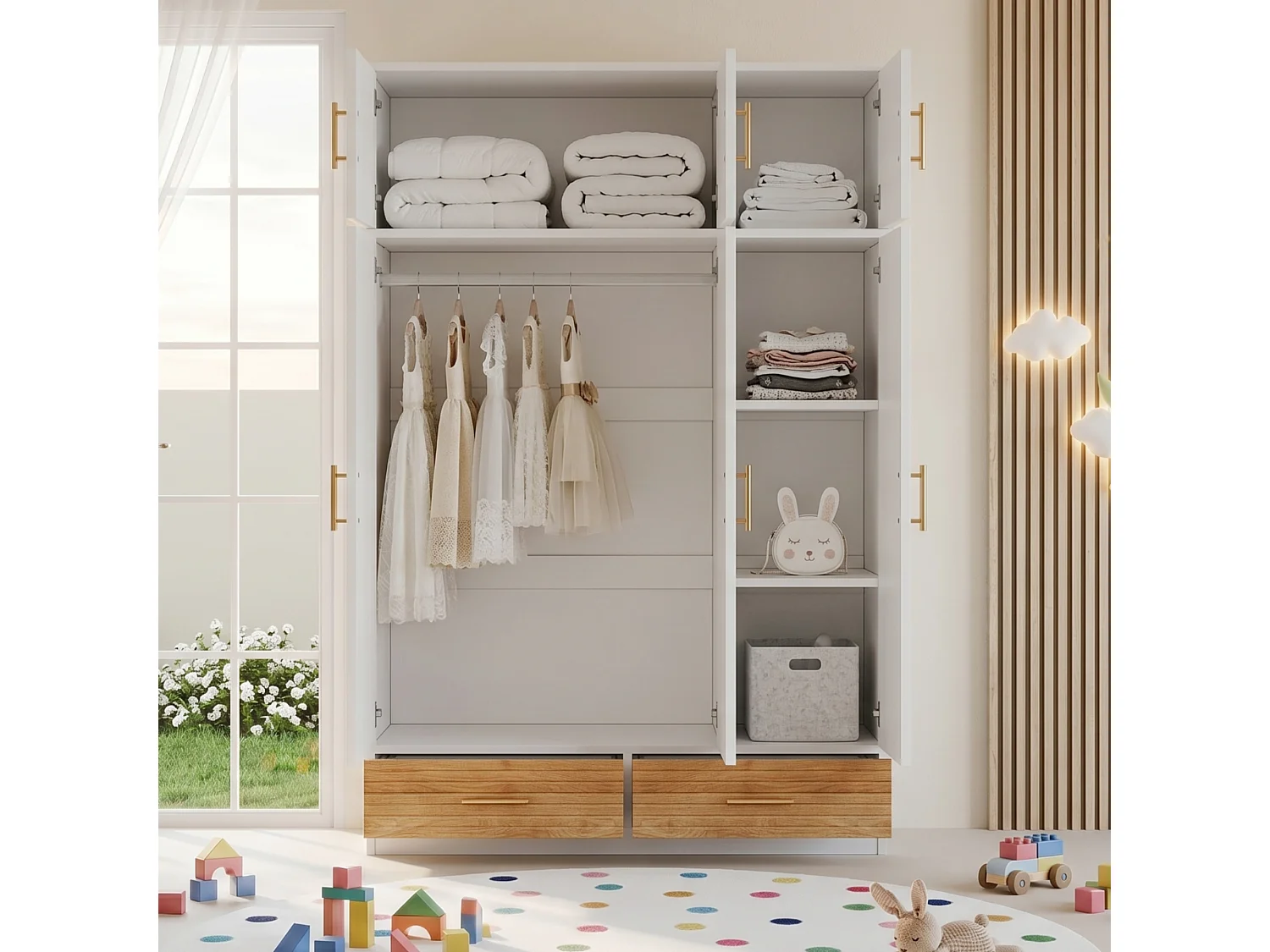 Bedroom wardrobe 120 x 50 x 180 cm - 3 doors and 2 drawers - With hanging rod and shelves - MDF - White