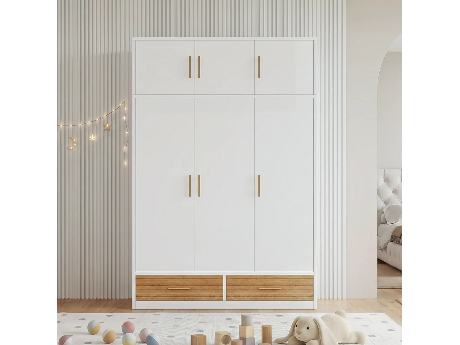Bedroom wardrobe 120 x 50 x 180 cm - 3 doors and 2 drawers - With hanging rod and shelves - MDF - White