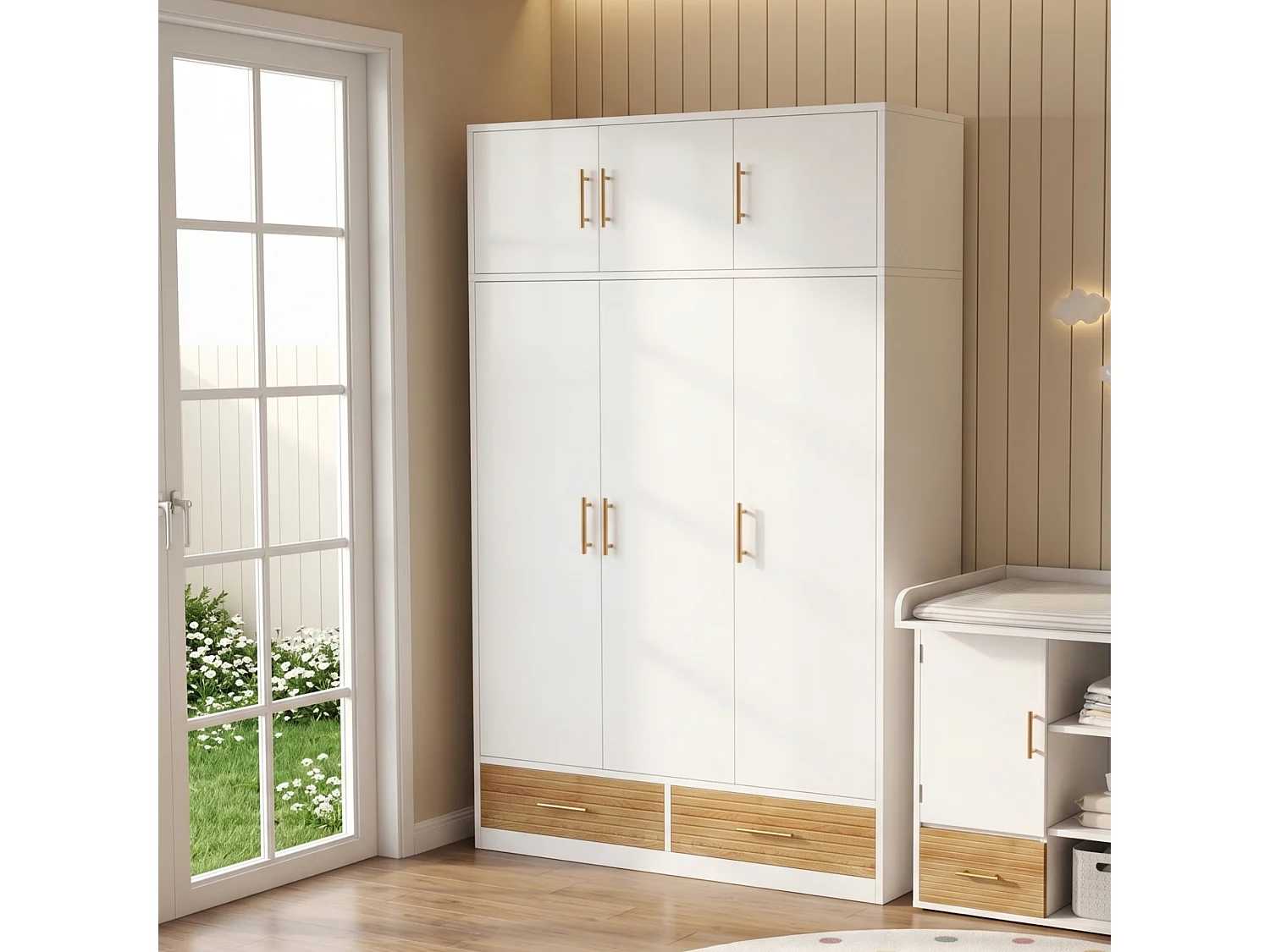 Bedroom wardrobe 120 x 50 x 180 cm - 3 doors and 2 drawers - With hanging rod and shelves - MDF - White
