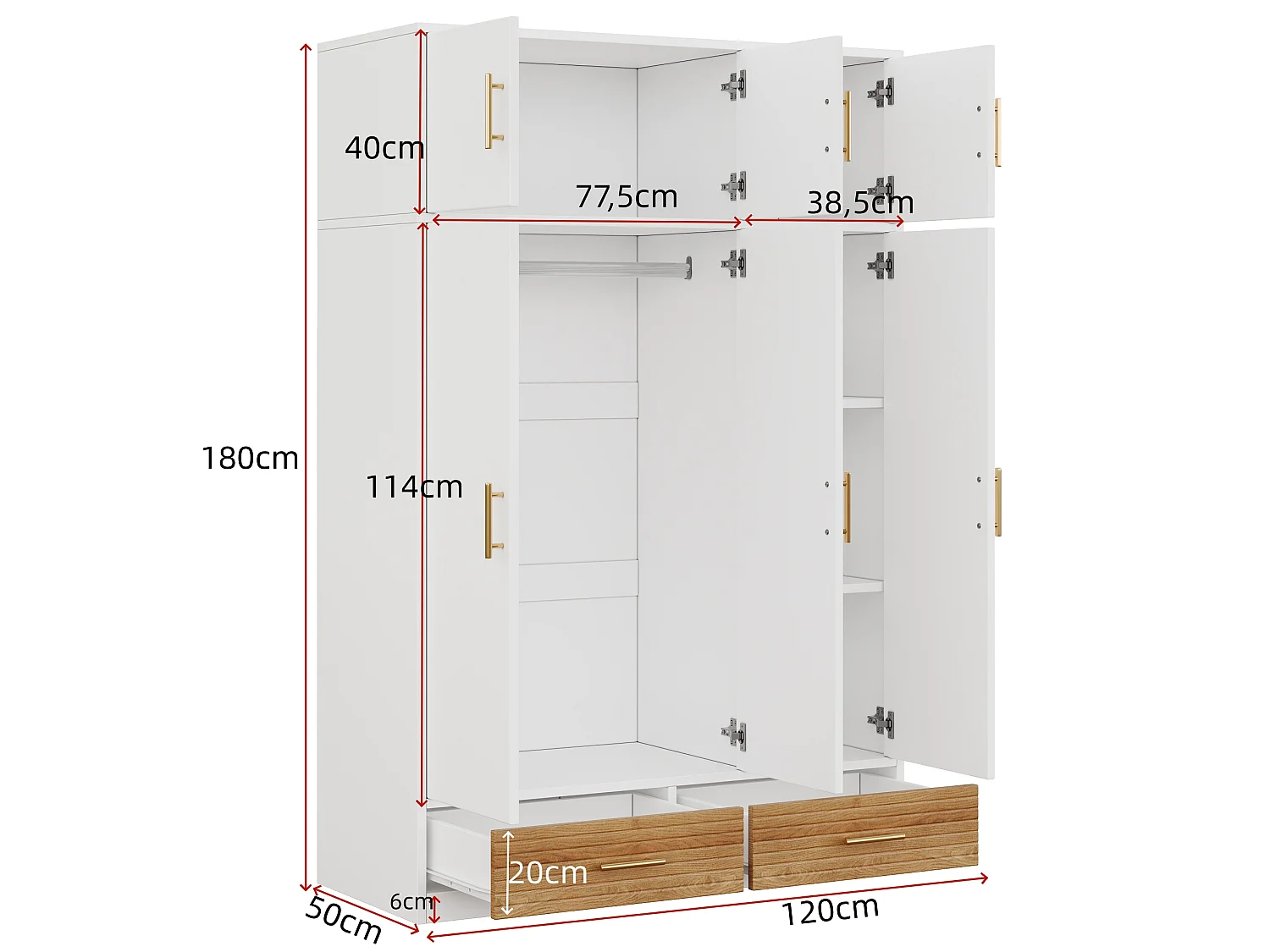 Bedroom wardrobe 120 x 50 x 180 cm - 3 doors and 2 drawers - With hanging rod and shelves - MDF - White