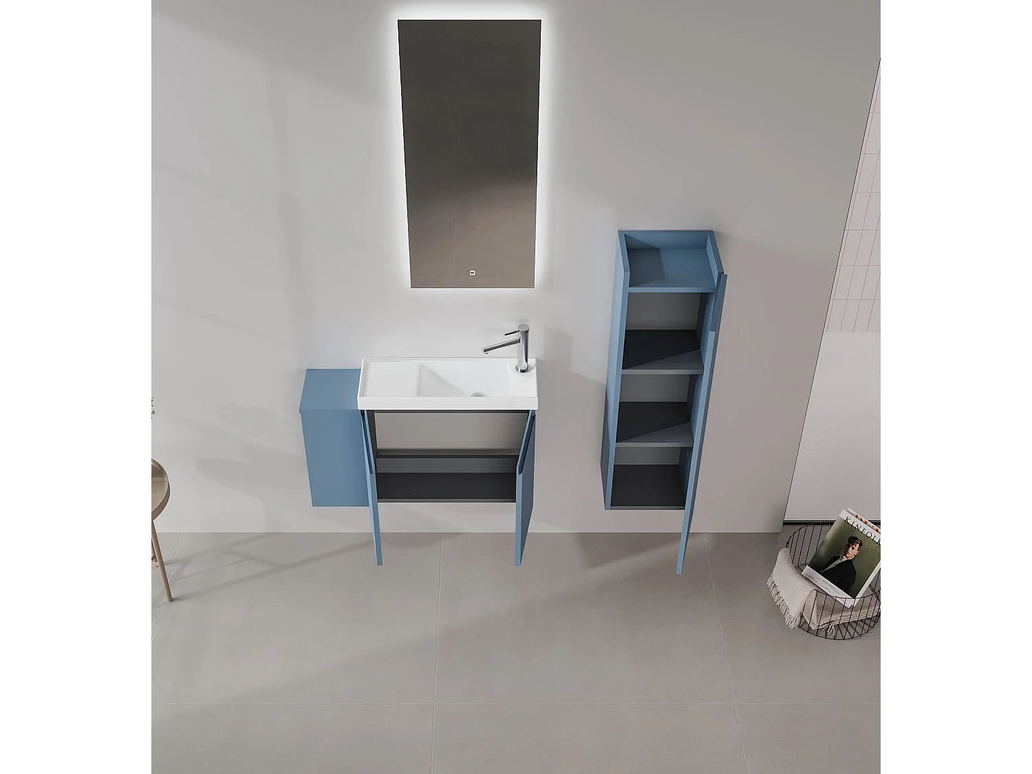 Ensemble Meuble Vasque avec Miroir (2 Pièces) "Ferla 80" - 80 x 22 x 45 cm - Matte Blue