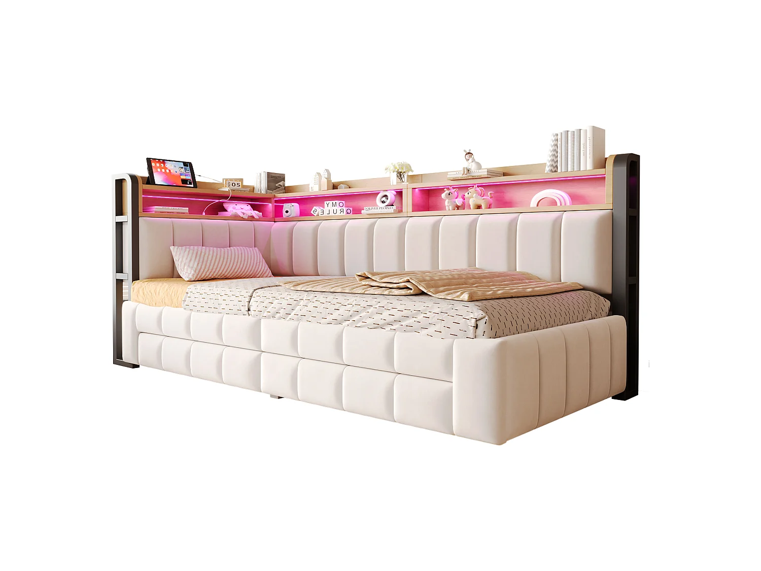 Kapitonnerad bäddsoffa 180 × 200 cm - med utdragssäng - med 2 lådor - med LED-ljus - med USB + Type-C-gränssnitt - Beige (madrass ingår ej)