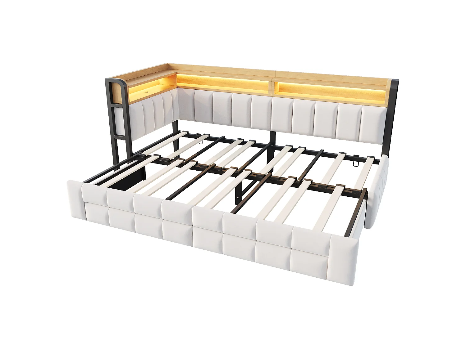 Kapitonnerad bäddsoffa 180 × 200 cm - med utdragssäng - med 2 lådor - med LED-ljus - med USB + Type-C-gränssnitt - Beige (madrass ingår ej)