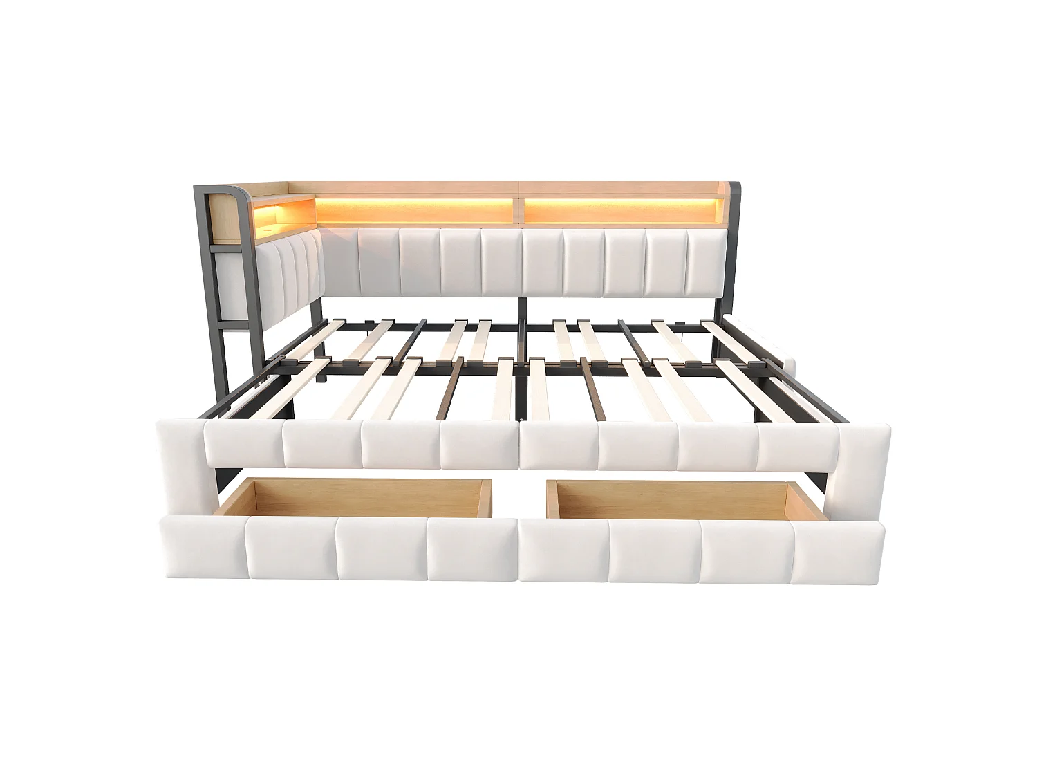 Kapitonnerad bäddsoffa 180 × 200 cm - med utdragssäng - med 2 lådor - med LED-ljus - med USB + Type-C-gränssnitt - Beige (madrass ingår ej)