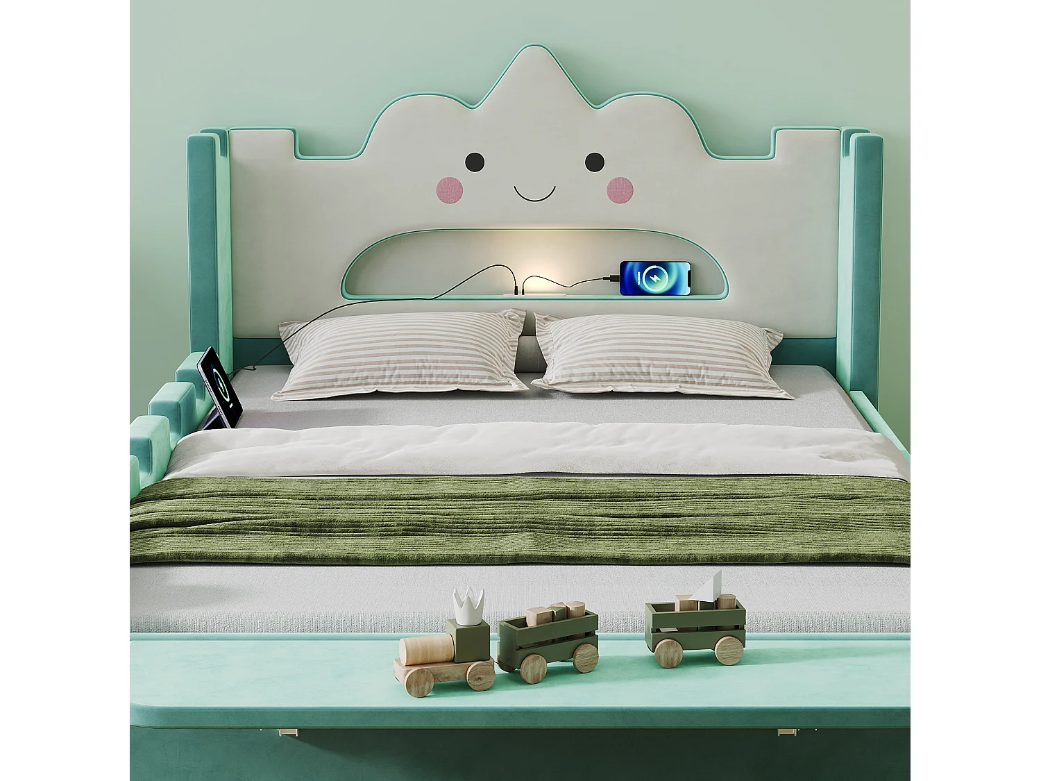 Gepolstertes Kinderbett 140x200cm - mit LED-Leselampe und USB-Anschluss - mit Schubladen und klappbaren Regalen - Samtstoff - blau-grün (ohne Matratze)
