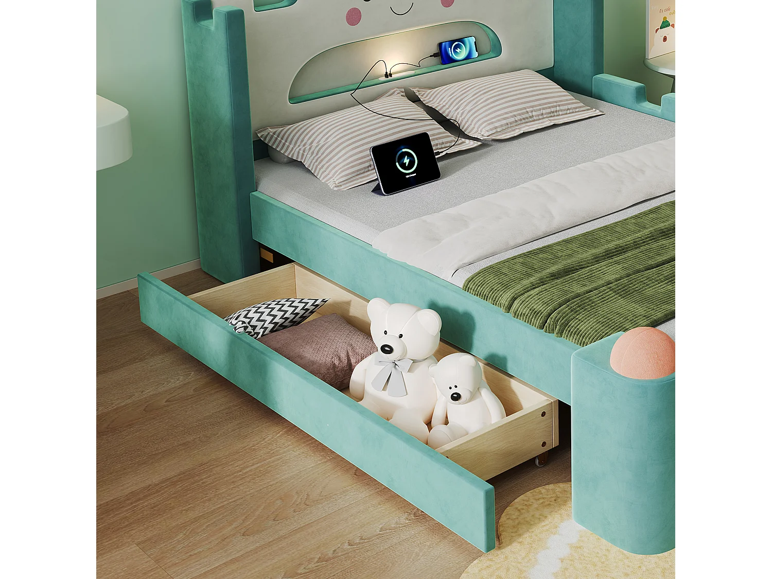 Gepolstertes Kinderbett 140x200cm - mit LED-Leselampe und USB-Anschluss - mit Schubladen und klappbaren Regalen - Samtstoff - blau-grün (ohne Matratze)