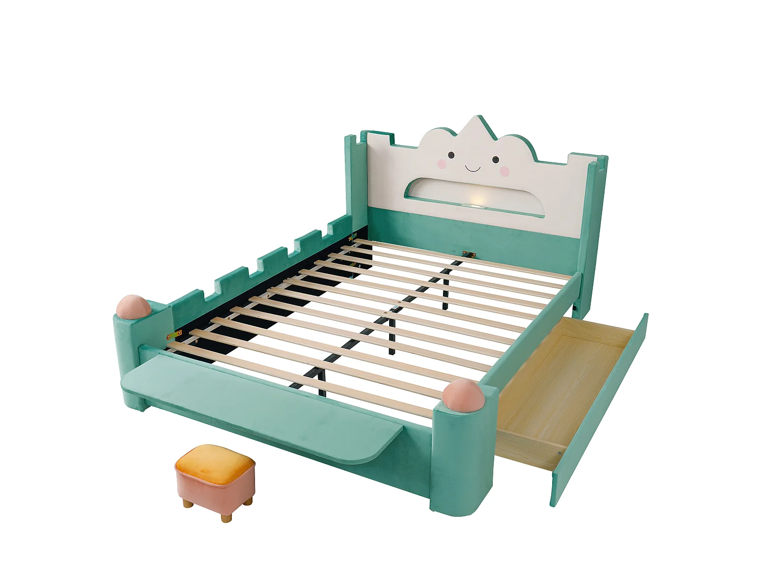 Gepolstertes Kinderbett 140x200cm - mit LED-Leselampe und USB-Anschluss - mit Schubladen und klappbaren Regalen - Samtstoff - blau-grün (ohne Matratze)