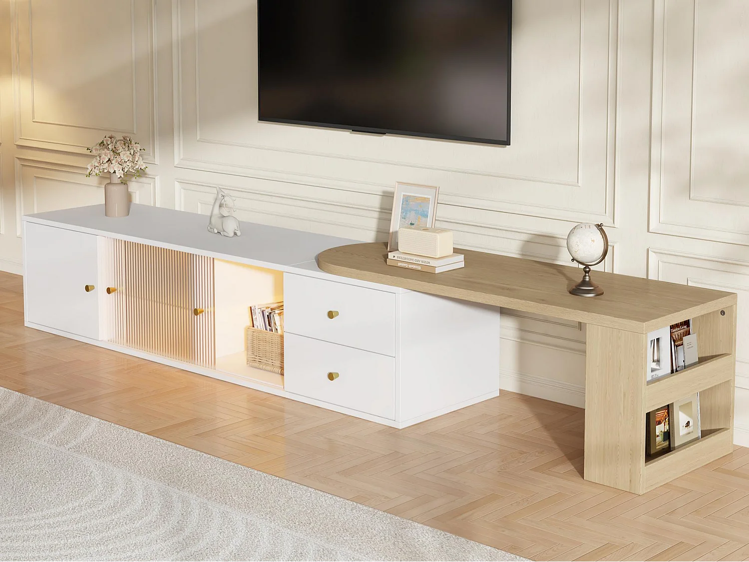 Ausziehbarer TV-Schrank 175x40x38 cm - mit LED-Beleuchtung - 2 Schubladen + 2 Schiebetüren aus Glas - Seitenregal - Weiß + Natur